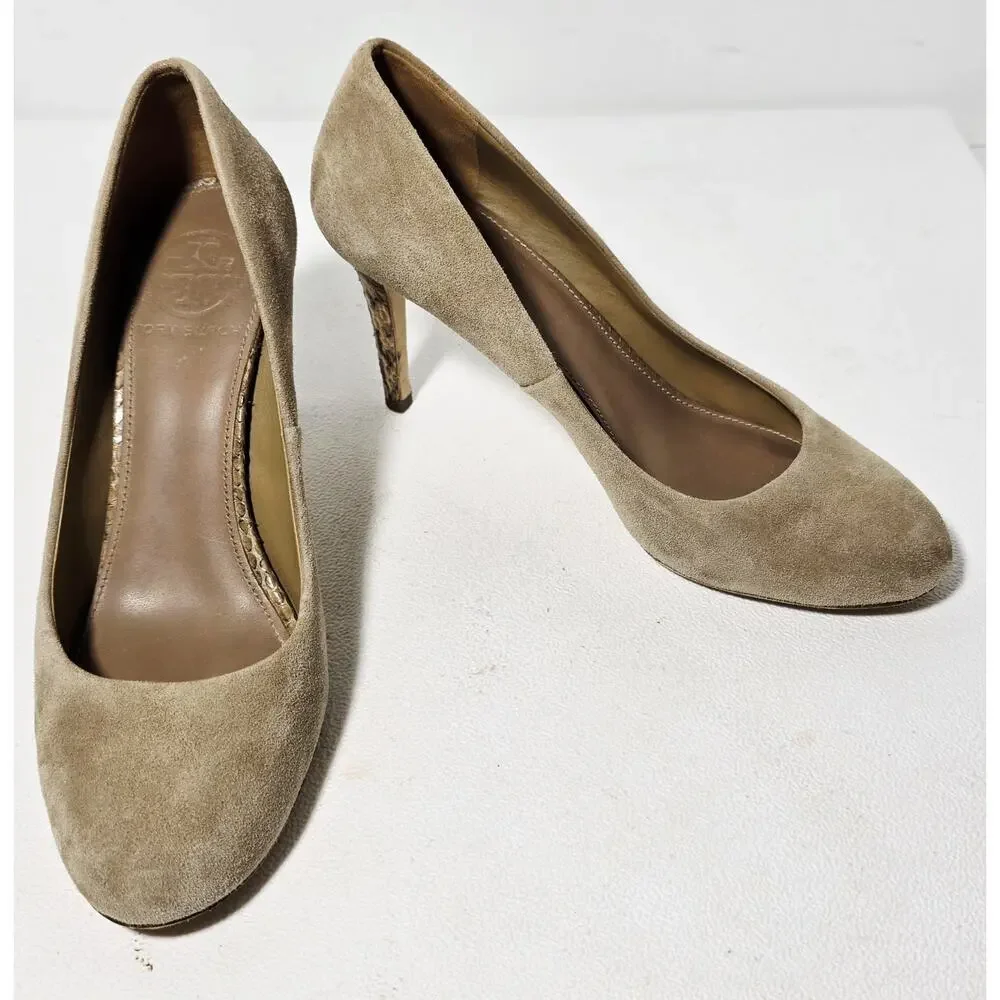 Tory Burch Mabel Beige Suede Almond toe Pumps Snakeskin 3.25” Heel Size 6